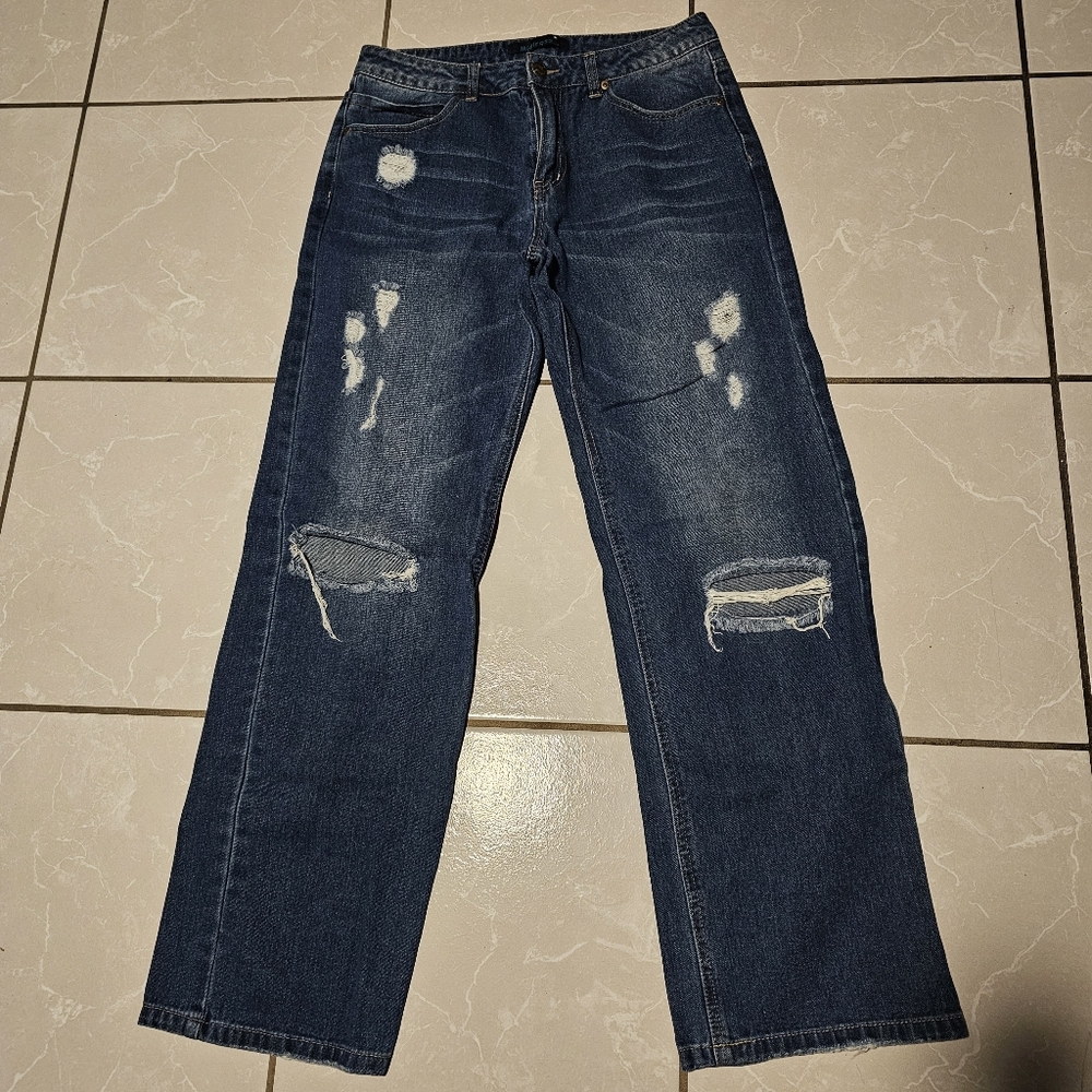 Women's Distressed Wide Leg Jeans in Blue